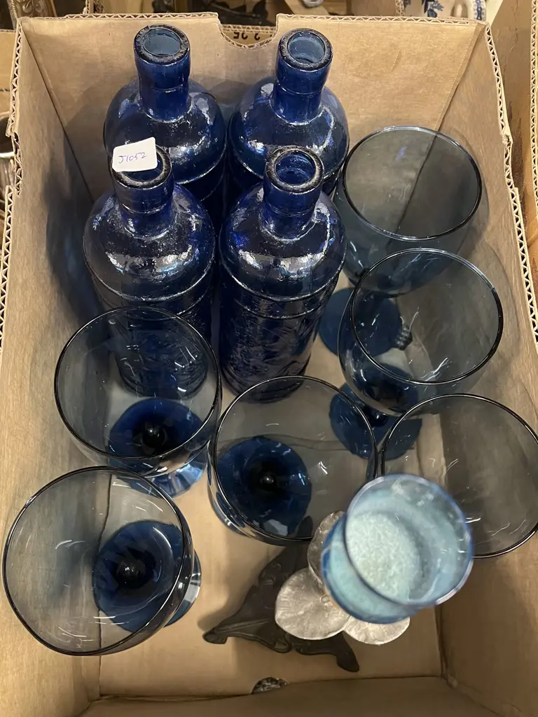 Box of Assorted Blue Glass And Art Nuevo Candlestick Image 1++