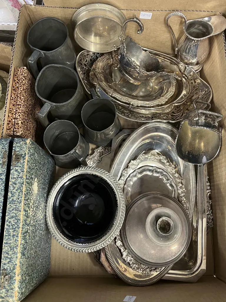 Box of Assorted S/P Including Cased Sets and Pewter Tankards Image 1++