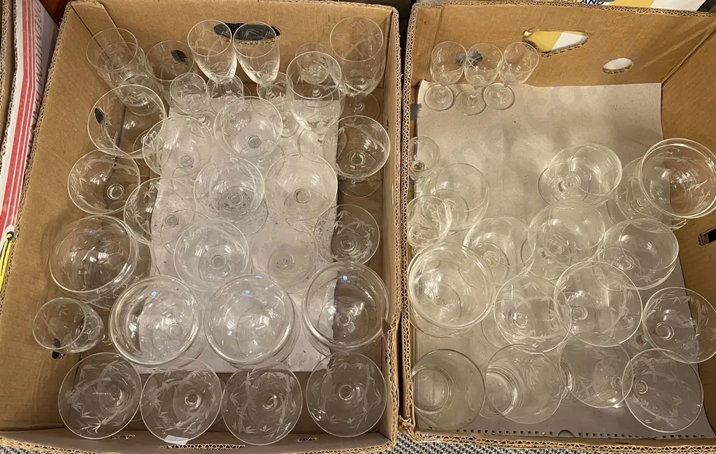 Two Boxes Including Suite of Bamboo Etched Glassware Image 1++