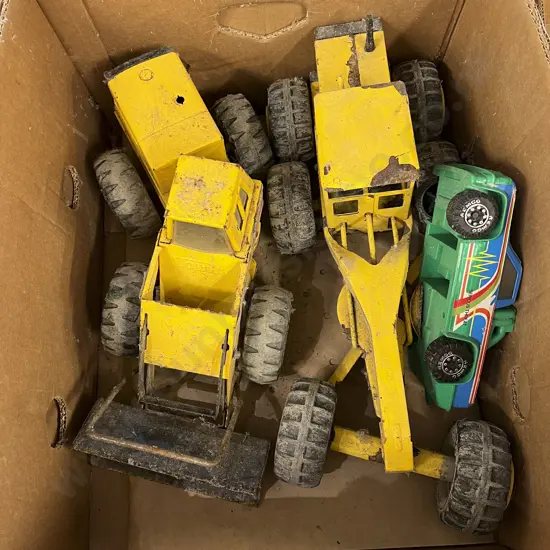 Box of Assorted Vintage Earthmoving Toys Including Tonka
