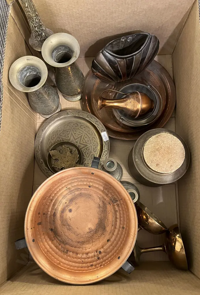 Box of Metalware Together With Temuka Canister Image 1++
