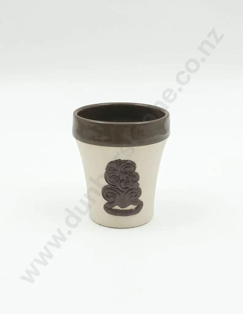 Small Temuka Brown & Cream Jasperware Pot with Tiki and Kiwi Motifs Image 1++