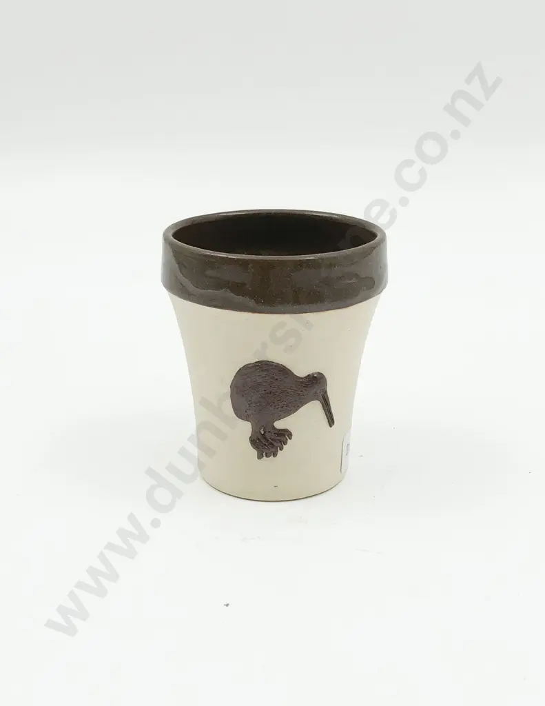 Small Temuka Brown & Cream Jasperware Pot with Tiki and Kiwi Motifs Image 1++