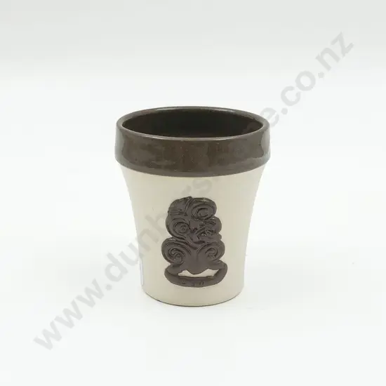 Small Temuka Brown & Cream Jasperware Pot with Tiki and Kiwi Motifs