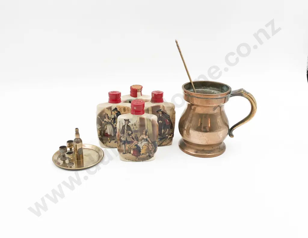 Copper Half Pint Measure with Four Brandy Miniatures and Copper Spoon etc Image 1++