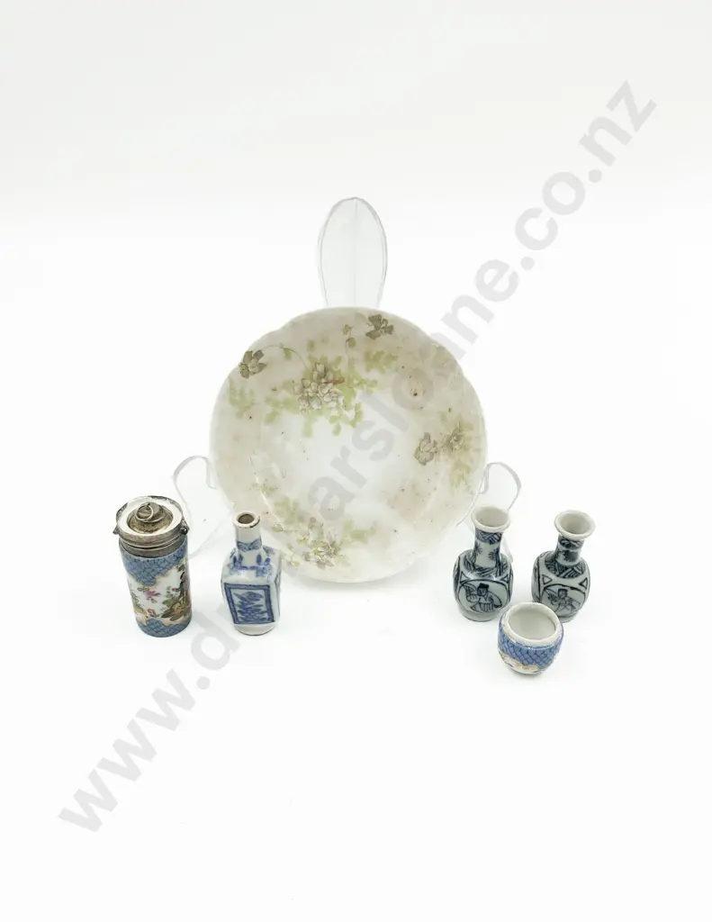 Scent Flask and Miniature Blue and White Vases on Limoges Plate Image 1++