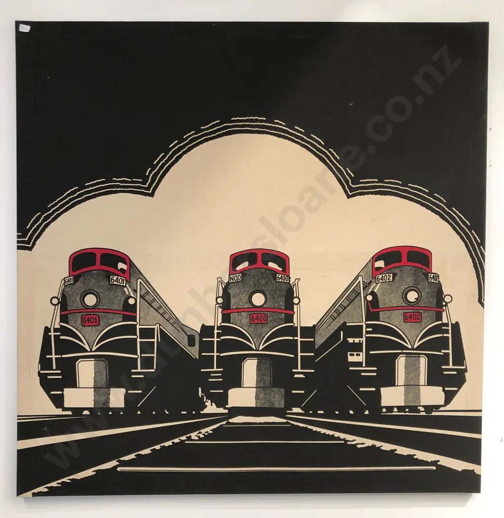 Vintage Screen Printed Fabric Wall Art - Trains Image 1++