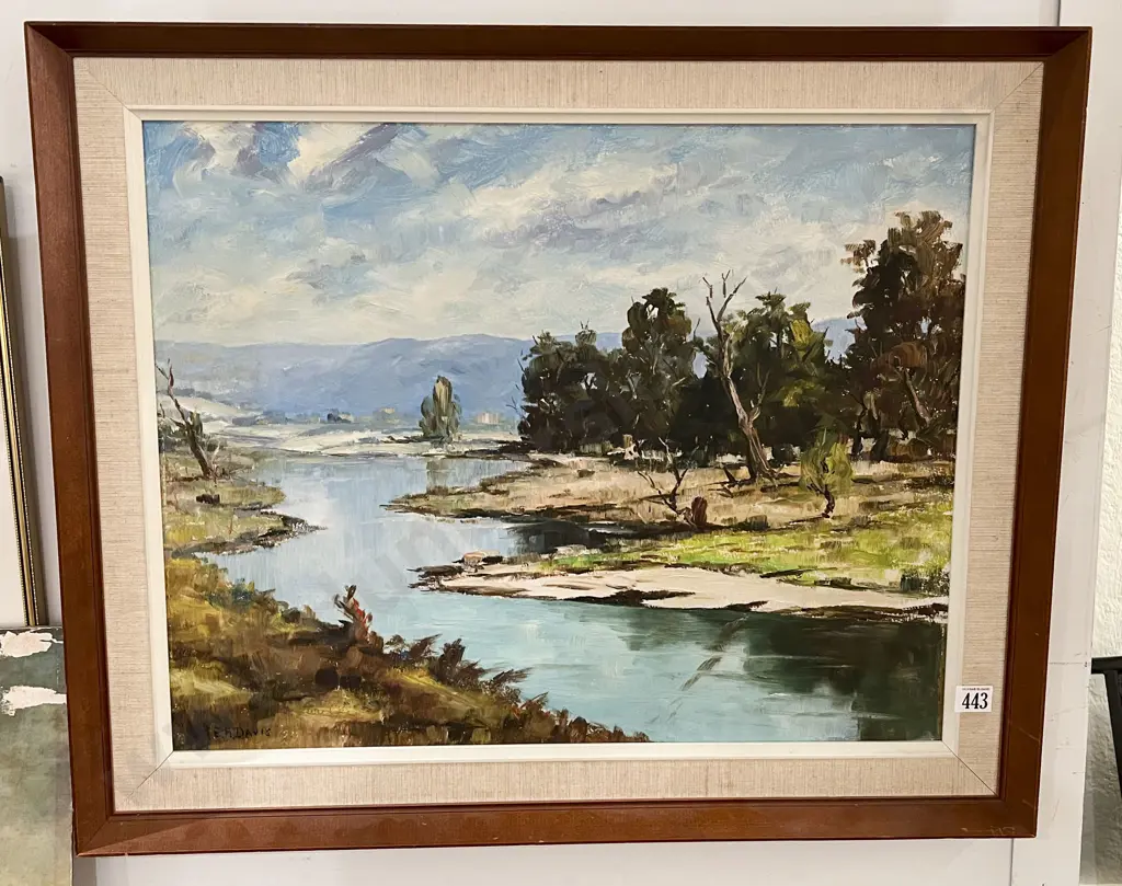 E. A Davis - River Landscape Oil on Board Image 1++