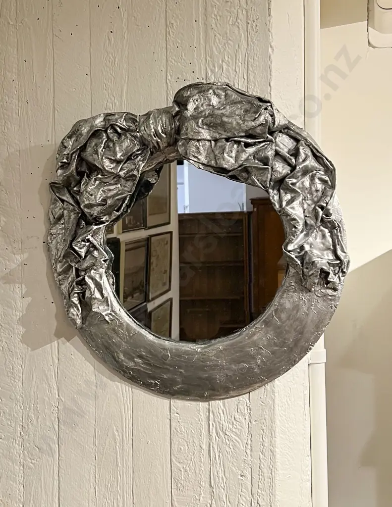 Silver Painted Papier Mache Circular Wall Mirror With Ribbon Design Image 1++