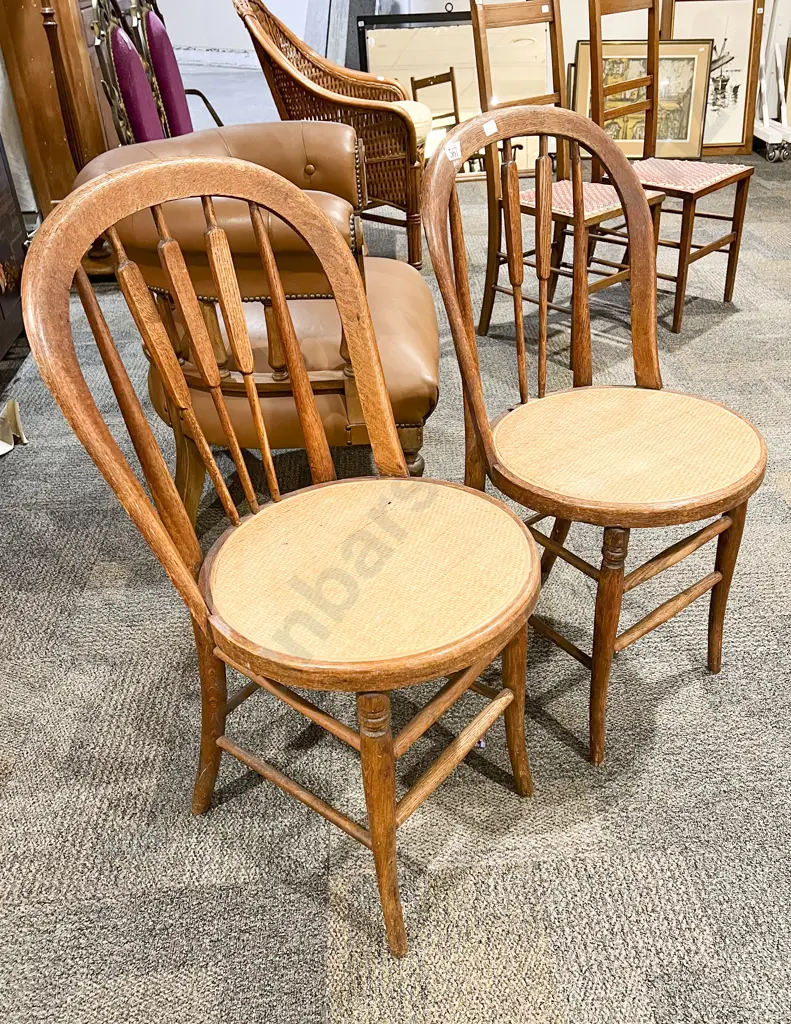 Pair Oak Hoop Back Dining Chairs wIth Cane Seats Image 1++