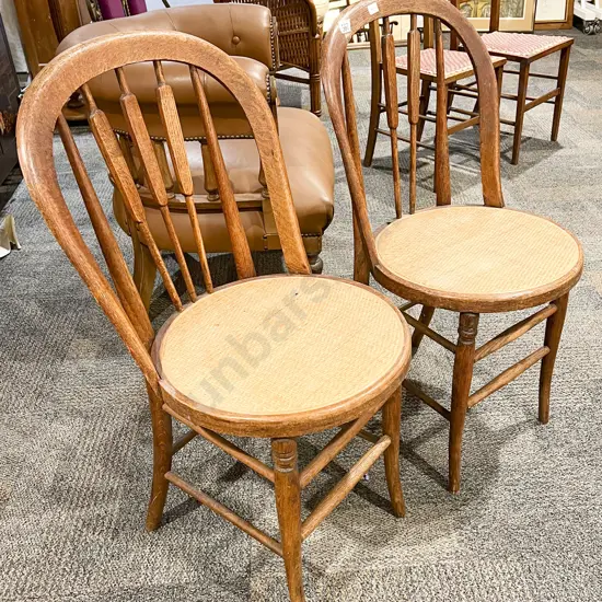 Pair Oak Hoop Back Dining Chairs wIth Cane Seats