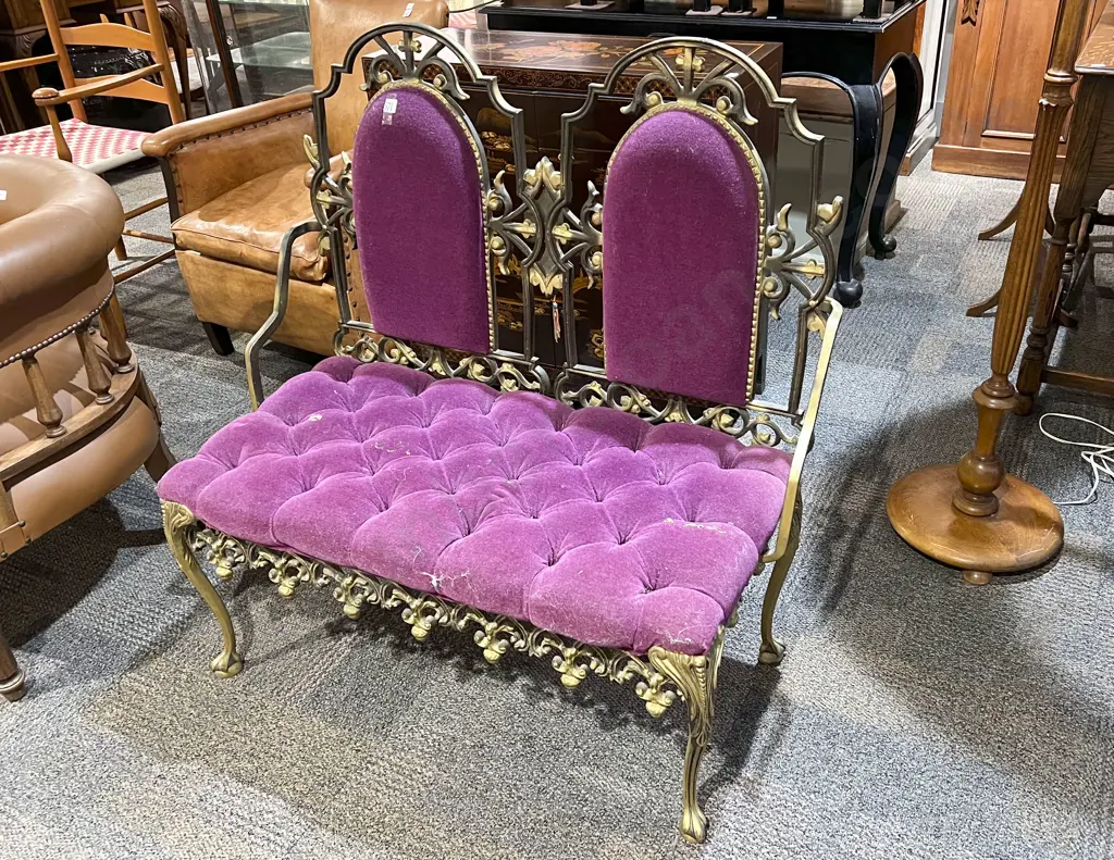 French Salon Style Cast Metal Two Seater with Upholstered Seat & Backs Image 1++