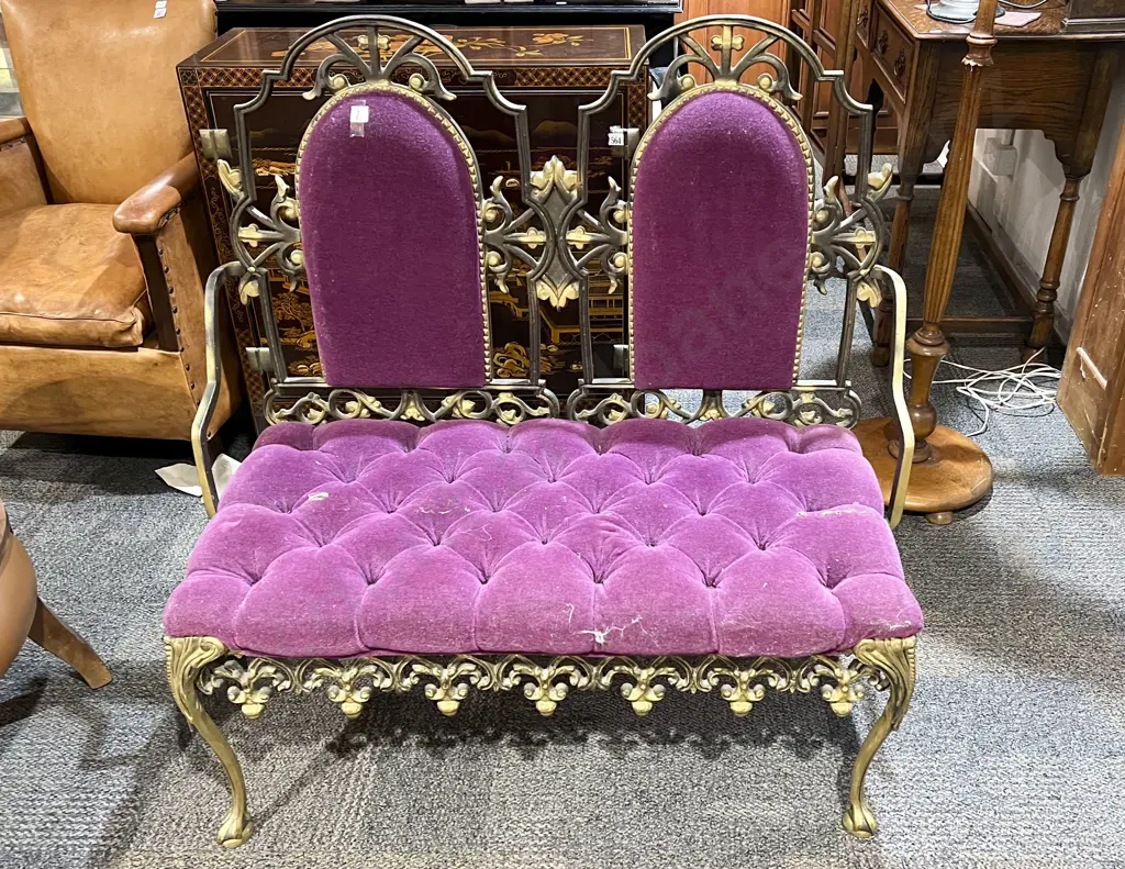 French Salon Style Cast Metal Two Seater with Upholstered Seat & Backs Image 1++