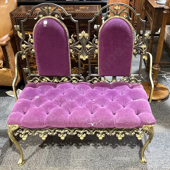 French Salon Style Cast Metal Two Seater with Upholstered Seat & Backs