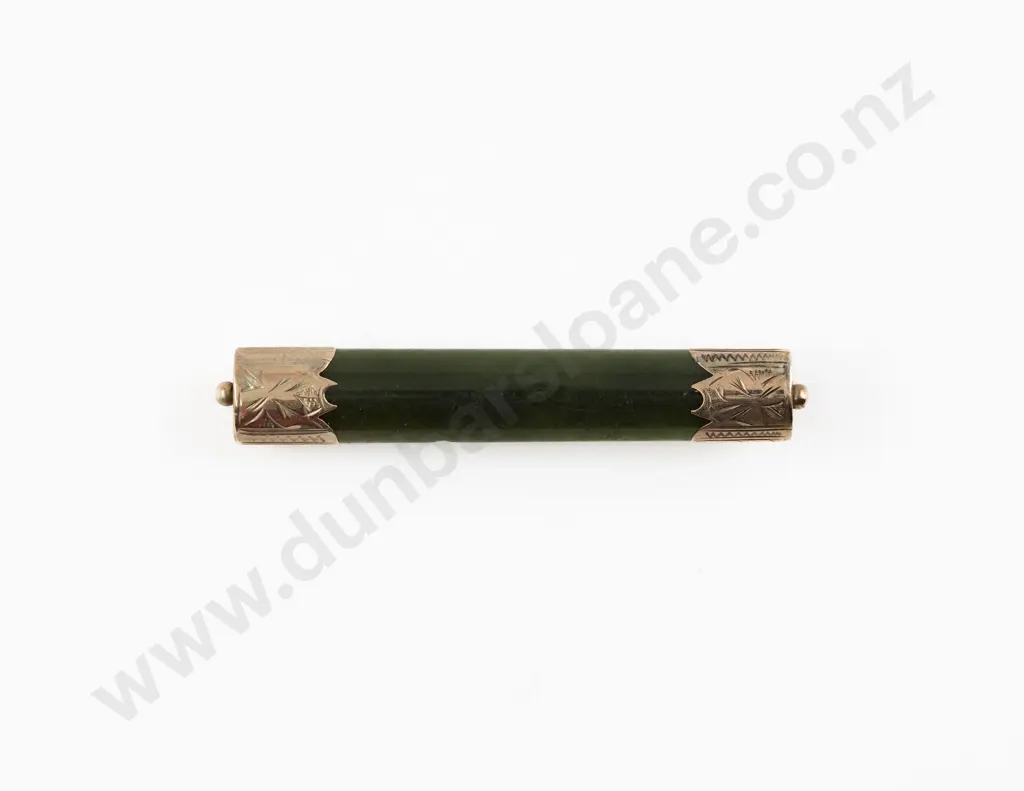 9ct Mounted Greenstone Bar Brooch Image 1++