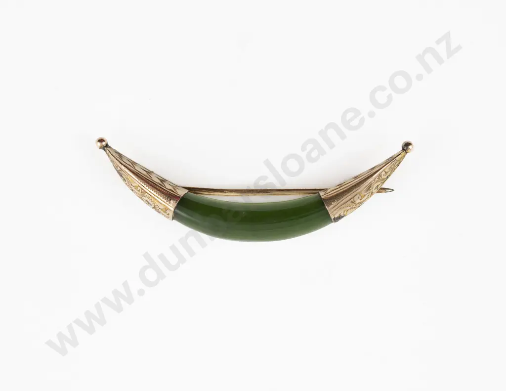 9ct Mounted Greenstone Crescent Brooch Image 1++