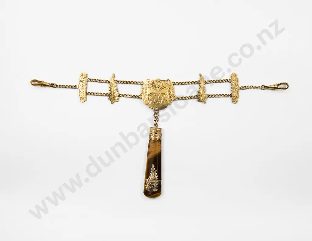 NZ Colonial 9ct Watch Fob with Tiger-Eye Pendant Image 1++