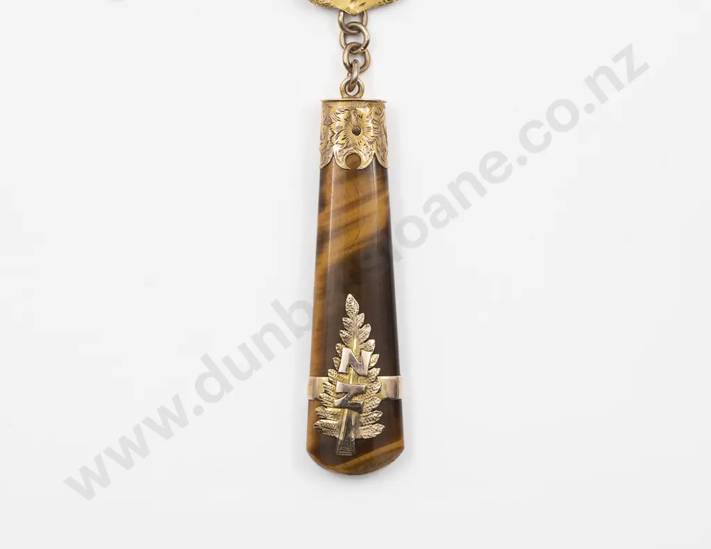 NZ Colonial 9ct Watch Fob with Tiger-Eye Pendant Image 1++