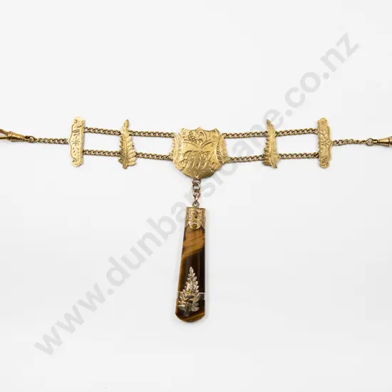 NZ Colonial 9ct Watch Fob with Tiger-Eye Pendant