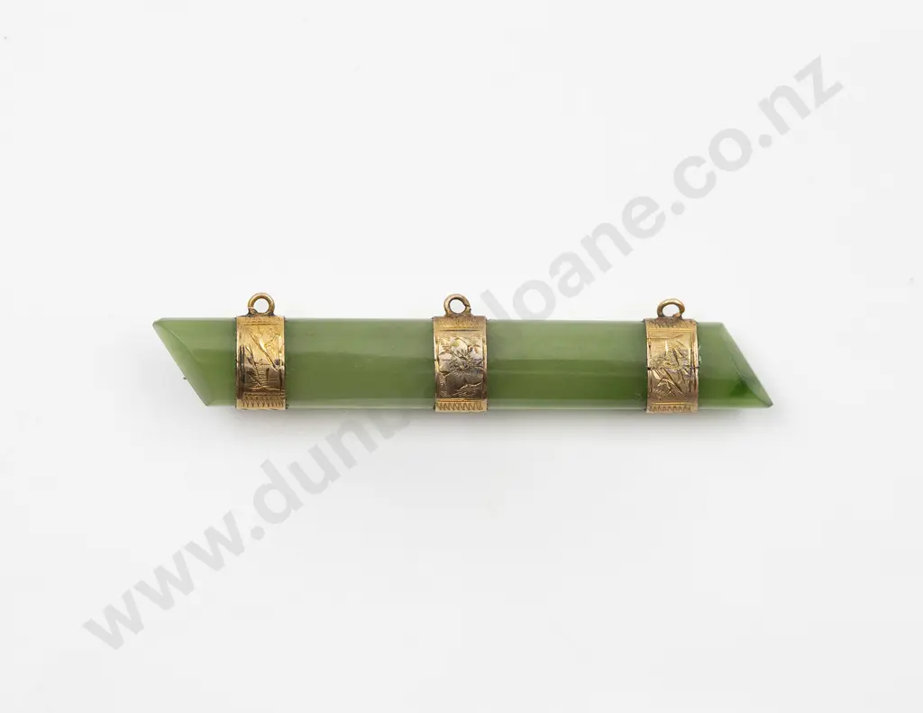 Unmarked 9ct Mounted Greenstone Bar Brooch Image 1++