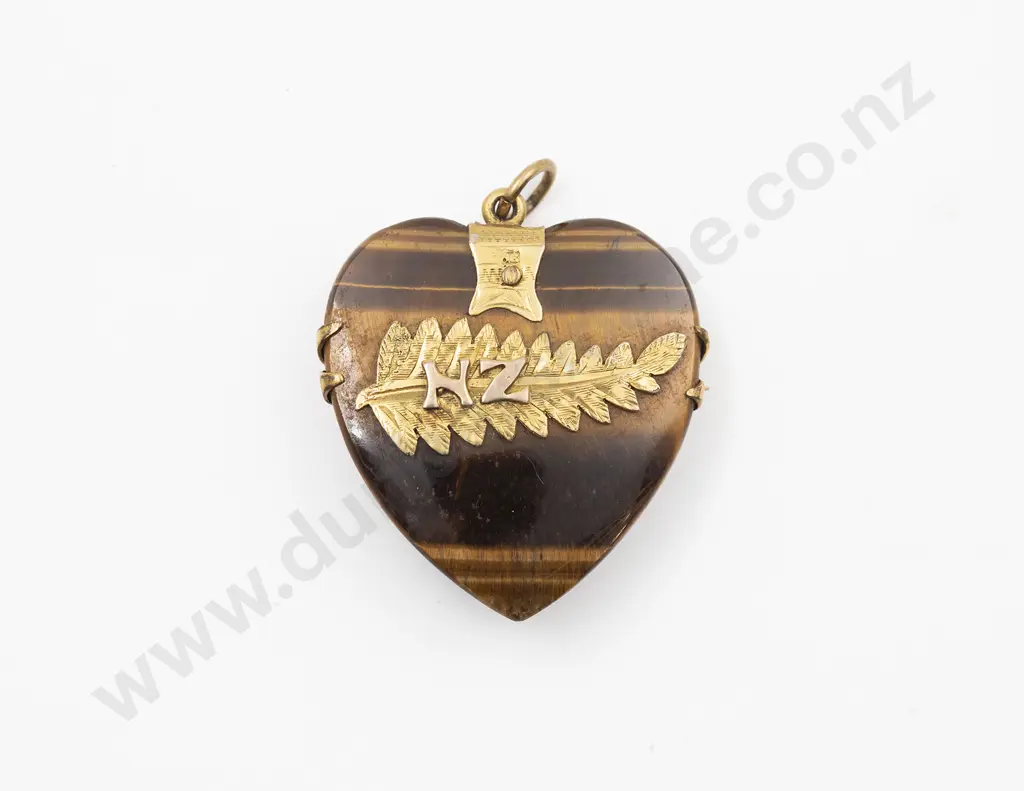 Unmarked 9ct Mounted Tiger-Eye Heart Brooch Pendant Image 1++