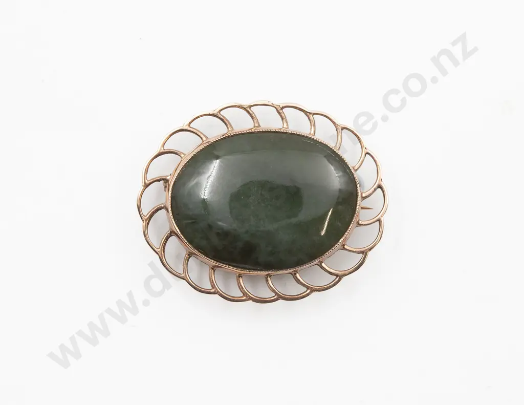 9ct Loop Framed Oval Panel Greenstone Brooch Image 1++