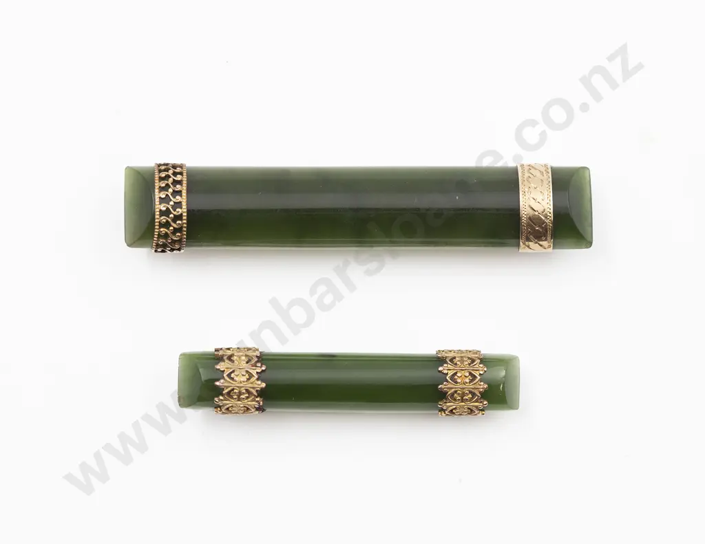 Two 9ct Mounted Greenstone Bar Brooches Image 1++