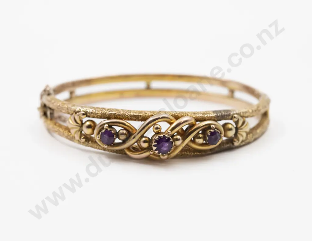 NZ Colonial 9ct Three Stone Amethyst Hinged Snap Bangle Image 1++