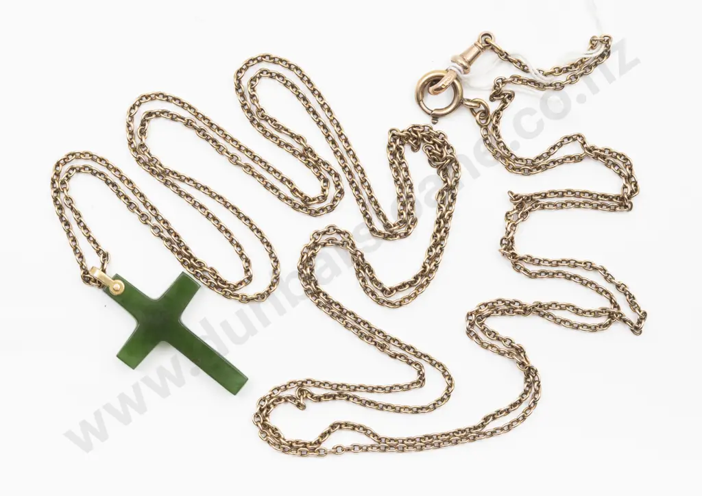 Small Greenstone Cross Pendant on 9ct Trace Link Muff Chain Image 1++