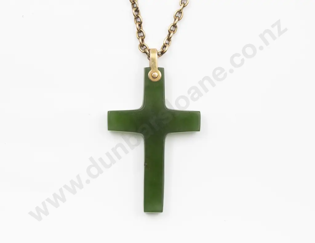Small Greenstone Cross Pendant on 9ct Trace Link Muff Chain Image 1++