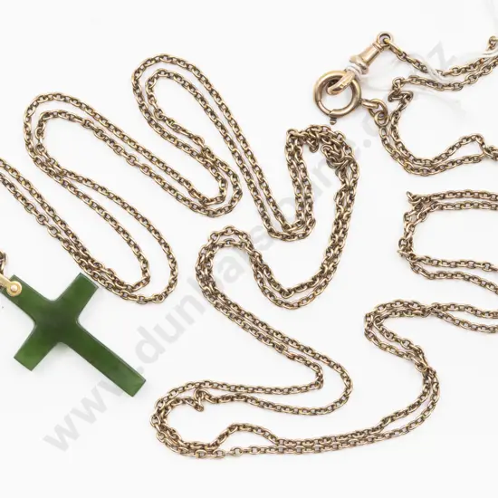 Small Greenstone Cross Pendant on 9ct Trace Link Muff Chain