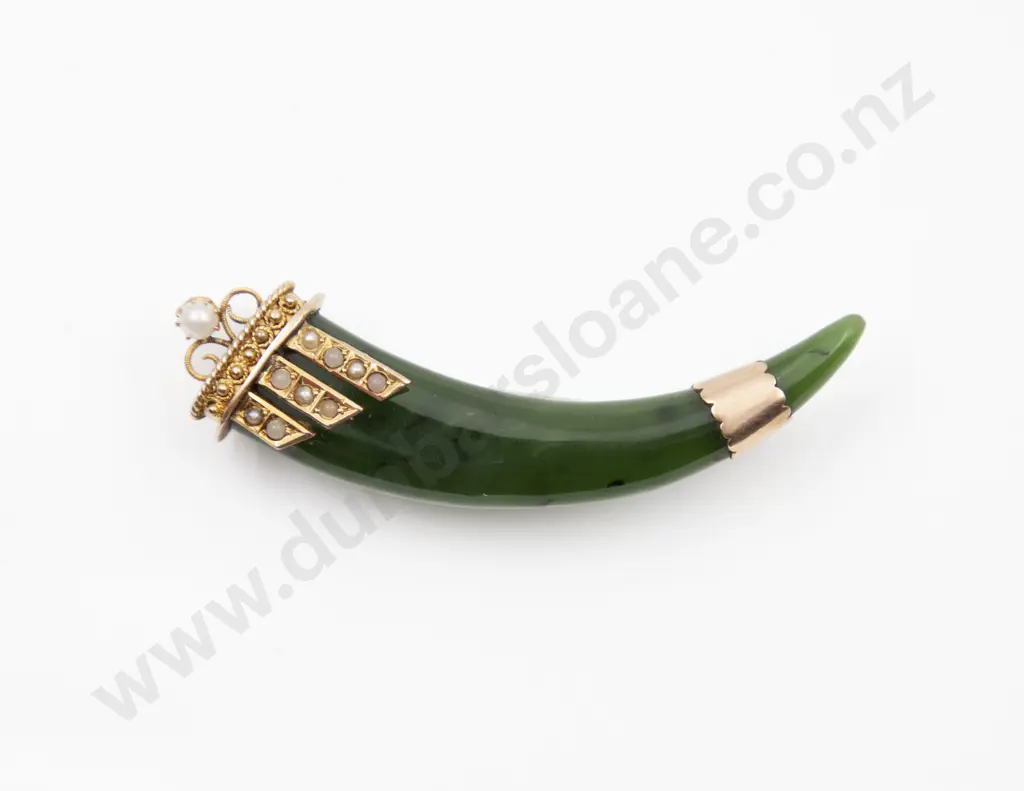 9ct Mounted Small Greenstone Tusk Brooch Image 1++