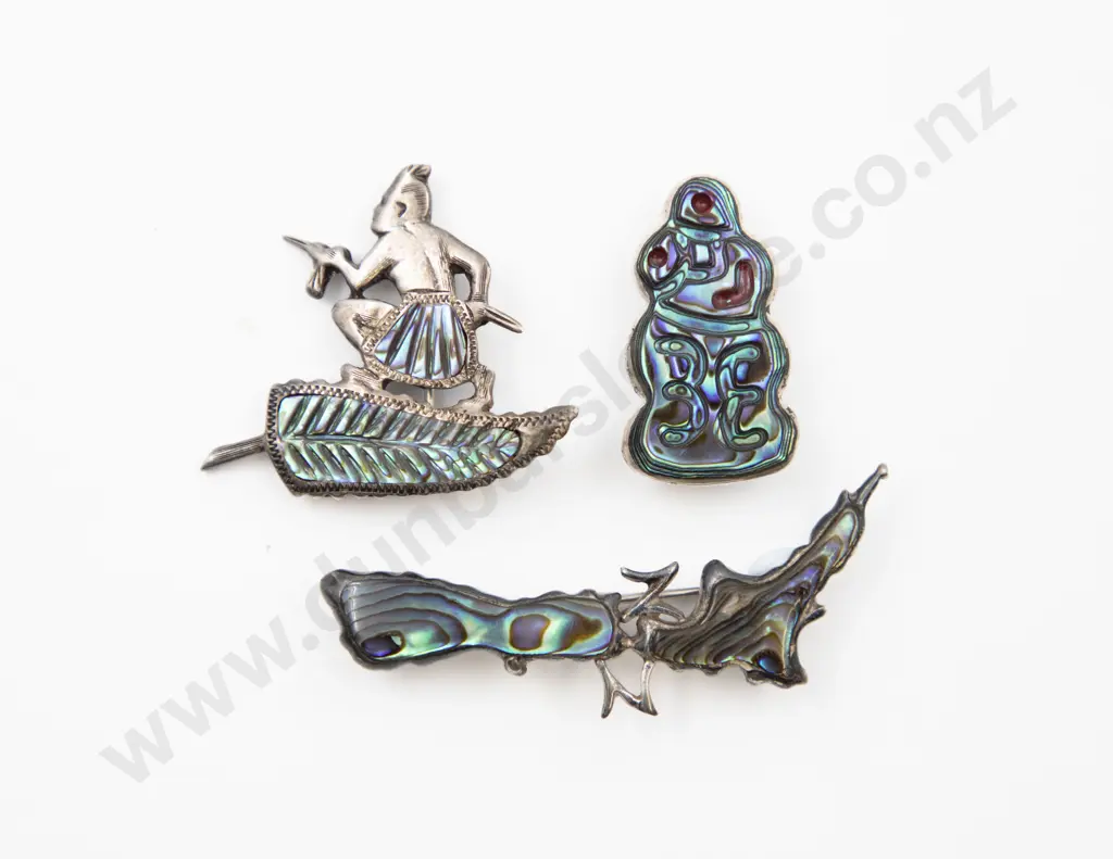 S/S and Paua NZ Island Brooch with Tiki and Warrior Brooches Image 1++