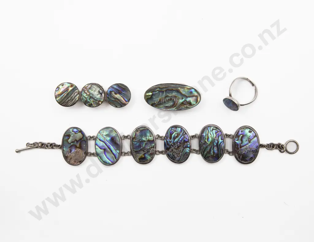 S/S and Paua Oval Panel Bracelet with Two Brooches (one with faults) and Ring Image 1++