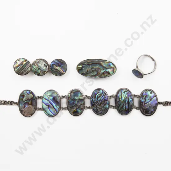 S/S and Paua Oval Panel Bracelet with Two Brooches (one with faults) and Ring