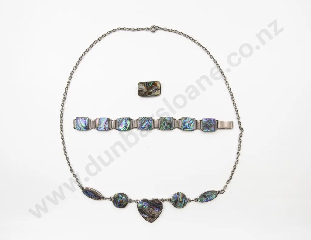 S/S and Paua Bracelet Necklet and Brooch Image 1++