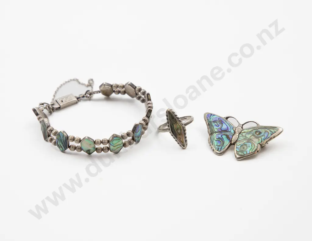 S/S and Paua Bracelet with Butterfly Brooch and Ring Image 1++