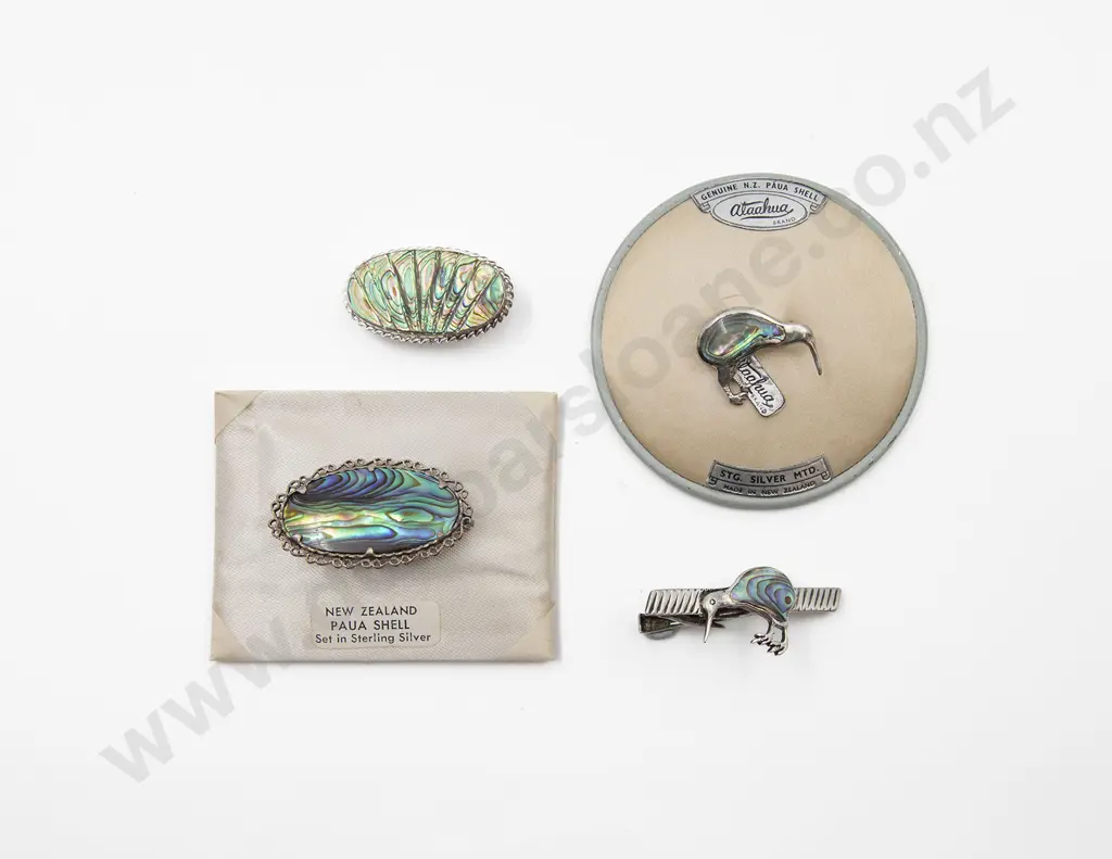 Part Original Boxed S/S and Paua Three Brooches and Tie Clip Image 1++