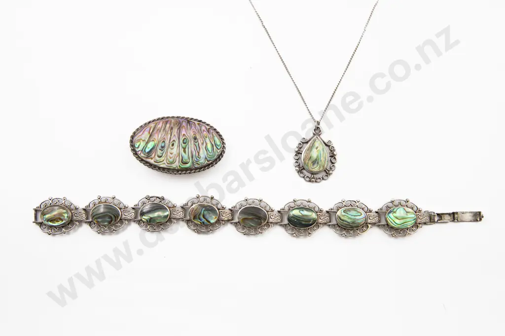 S/S and Paua Bracelet with Pendant and Brooch Image 1++