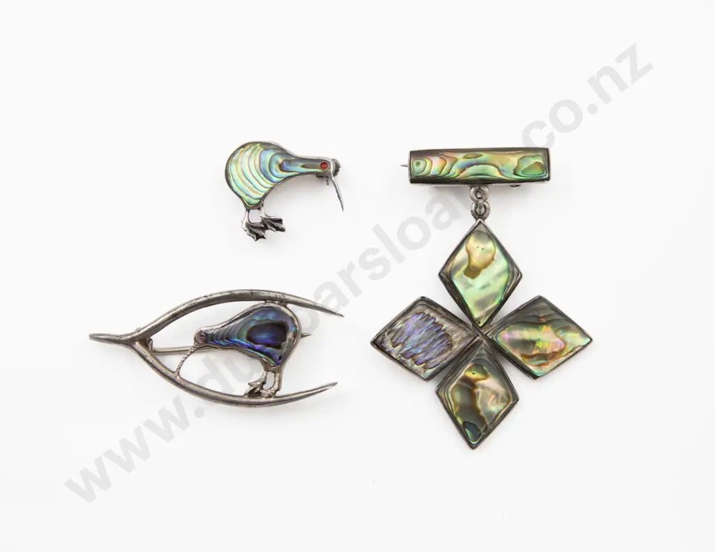 S/S and Paua Two kiwi Brooches and Pendant Brooch Image 1++