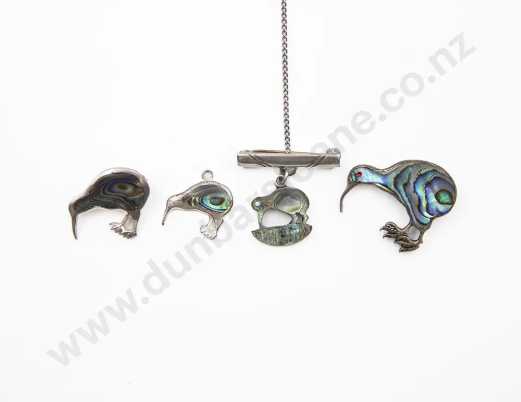S/S and Paua Three Kiwi Brooches and Kiwi Charm Image 1++