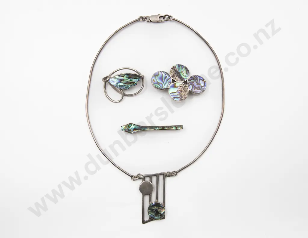S/S and Paua Modern Design Choker Necklet and Three Brooches Image 1++