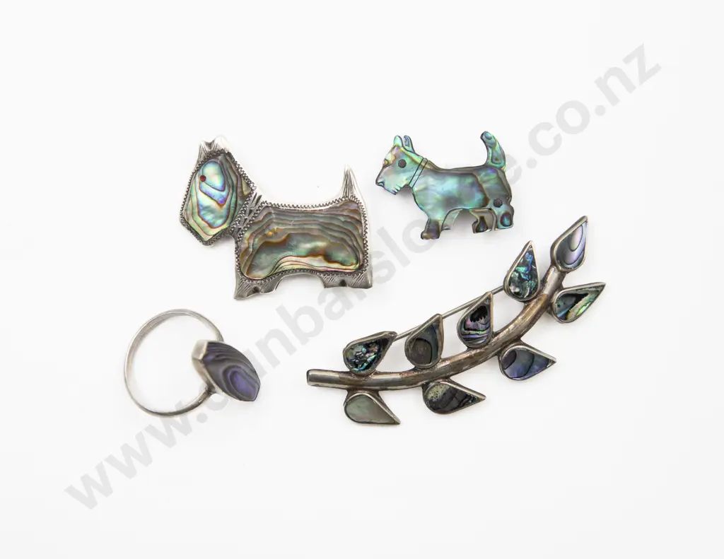 S/S and Paua Two Scottie Dog Brooches Image 1++