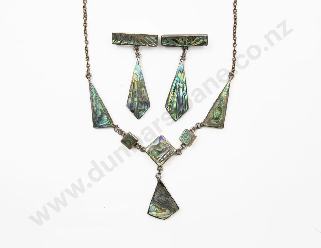 S/S and Paua Pendant Necklace with Pair Pendant Brooches Image 1++