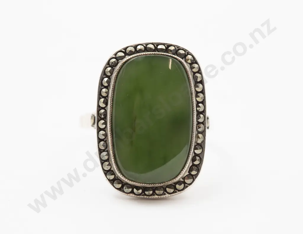 S/S Greenstone and Marcasite Dress Ring Image 1++