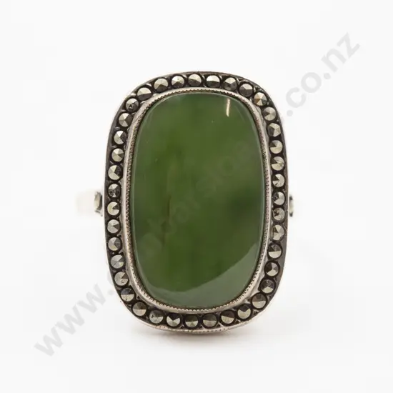 S/S Greenstone and Marcasite Dress Ring