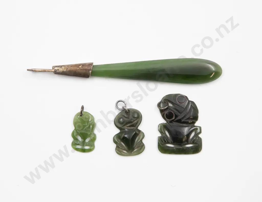 Three Small Greenstone Tiki Charms and Pendant Image 1++