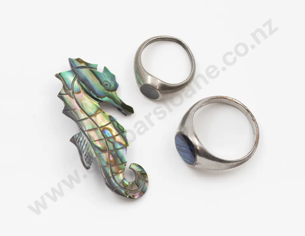 Paua Seahorse Brooch and Two S/S and Paua Rings Image 1++
