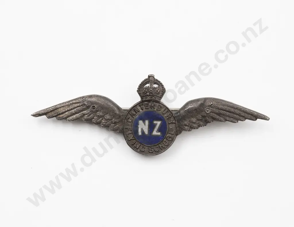 White Metal and Enamel NZ Canterbury Flying School 'Wings' Brooch Image 1++