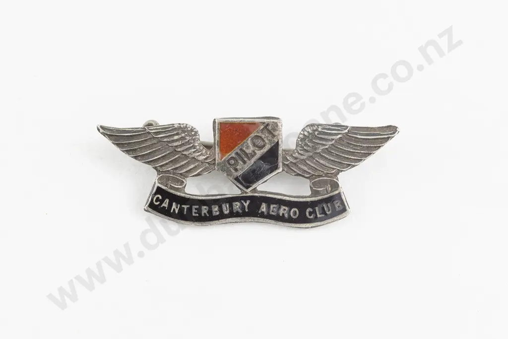 NZ Silver and Enamel Pilot Canterbury Aero Club Wings Brooch Image 1++